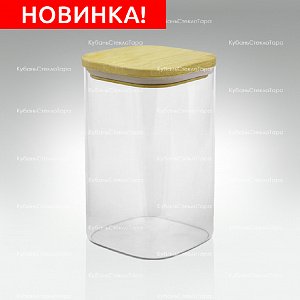 Банка 1,1 л стеклянная квадратная с бамбуковой крышкой оптом и по оптовым ценам в Краснодаре