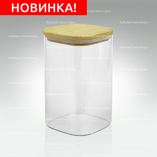 Банка 1,1 л стеклянная квадратная с бамбуковой крышкой оптом и по оптовым ценам в Краснодаре